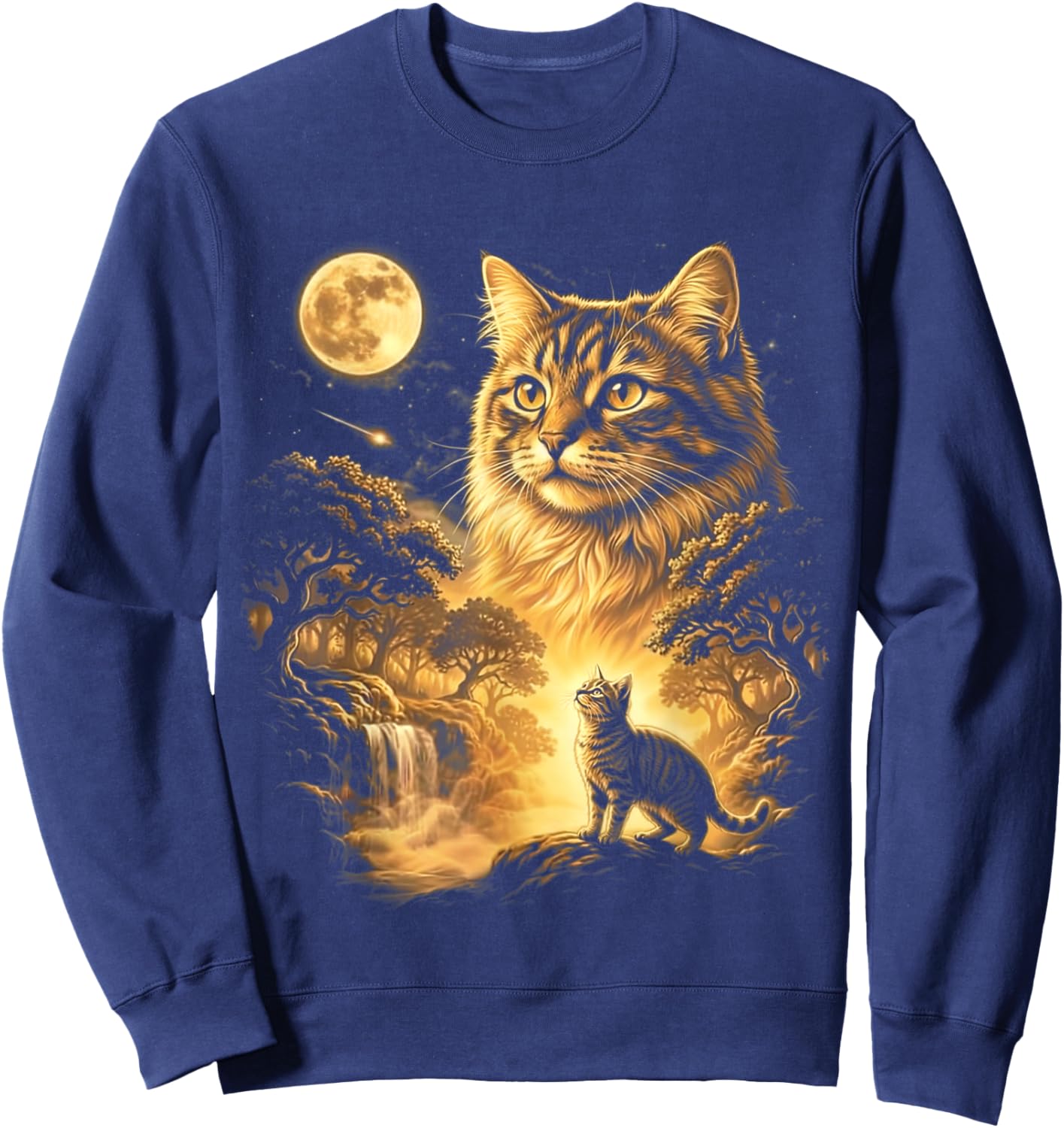 Cat Howling to The Moon Meme 90s Animal Graphic Cat Sweatshirt - Sweatshirt | Navy