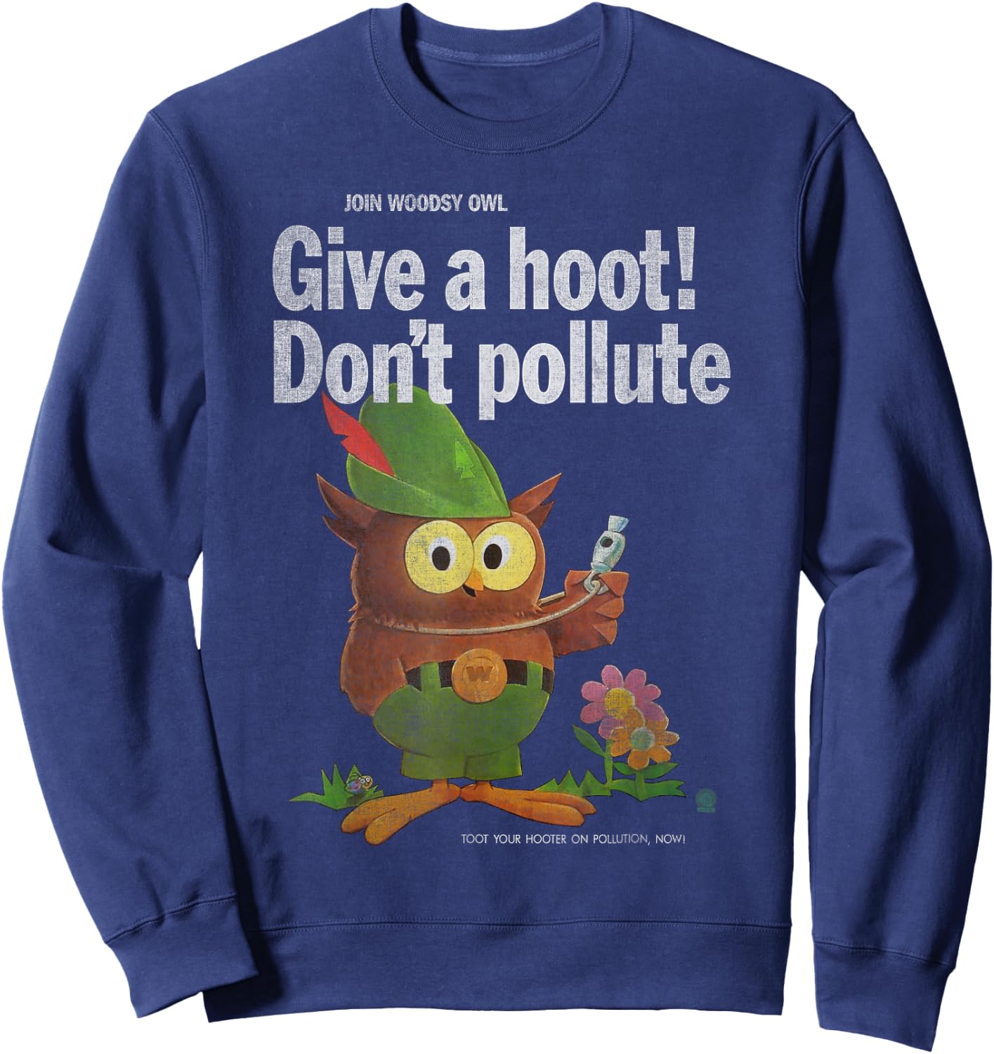 Vintage Shirts by Sven & Angus Woodsy Owl Give a Hoot 70s Distressed and Faded Black Adult Men's Classic Fit Short Sleeve Sweatshirt - Sweatshirt | Navy