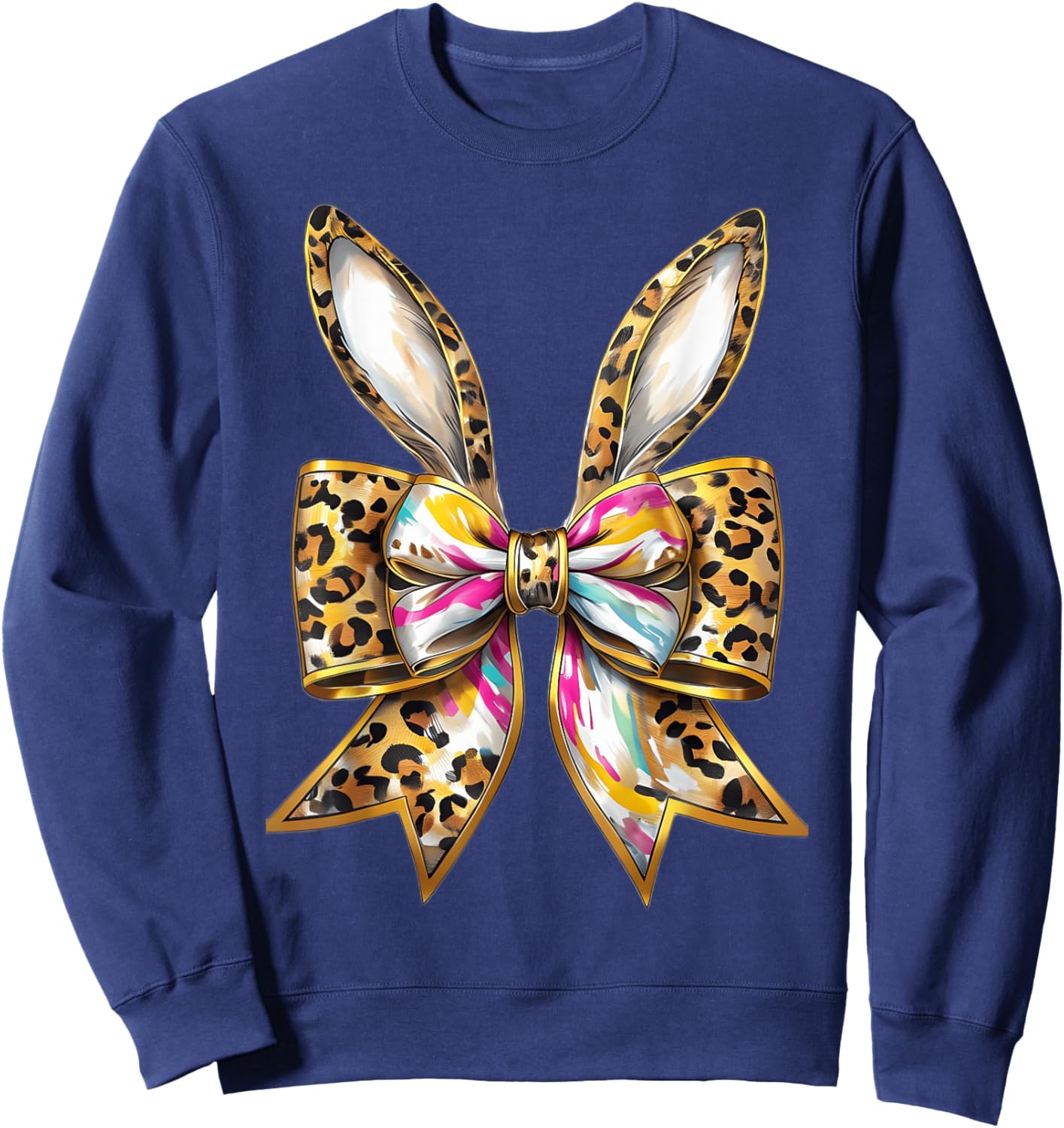 Easter Bunny Leopard Coquette Bow Happy Easter Girls Women Sweatshirt - Sweatshirt | Navy