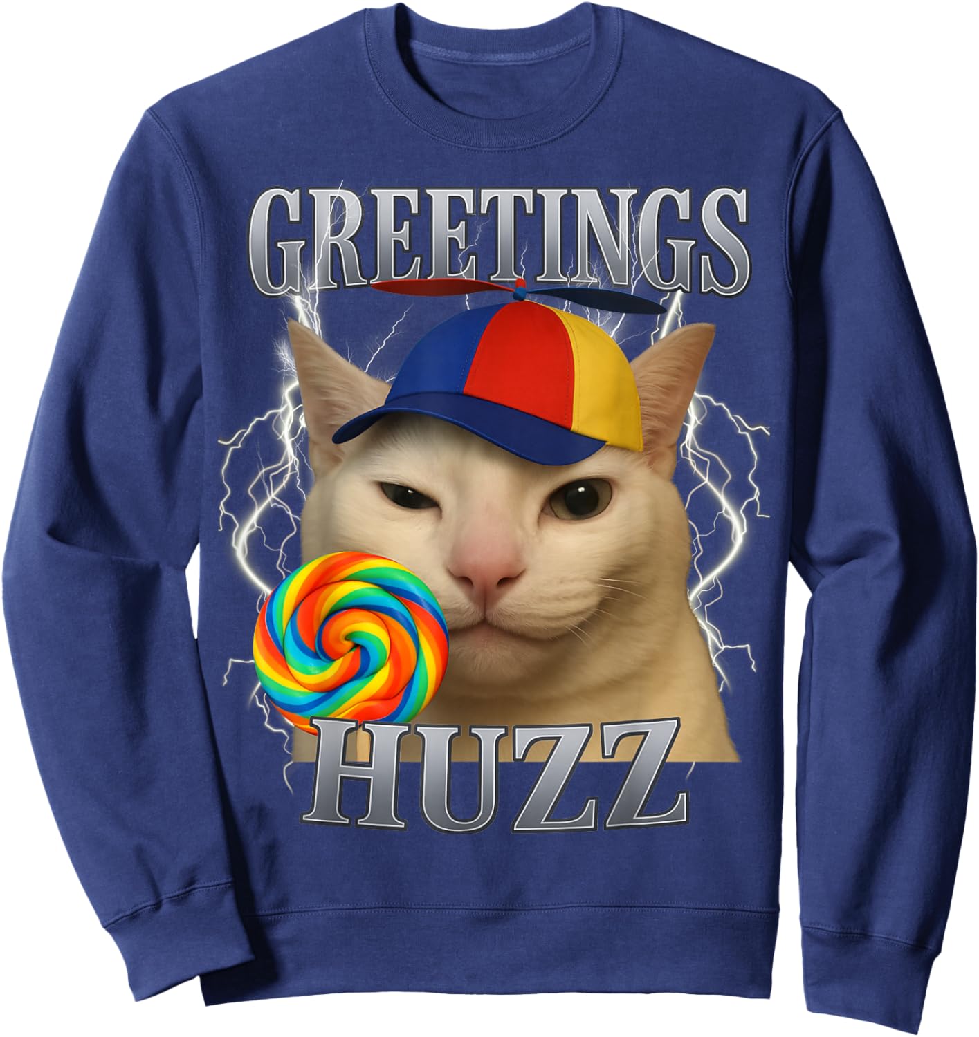 Greetings Huzz Cat Silly Funny Cat Meme Men Women Graphic Sweatshirt - Sweatshirt | Navy