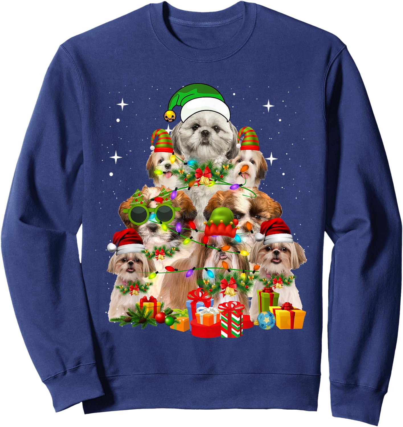 Shih Tzu Santa Hat Christmas Tree Lights Dog Holiday Costume Men Women Kids Sweatshirt - Sweatshirt | Navy