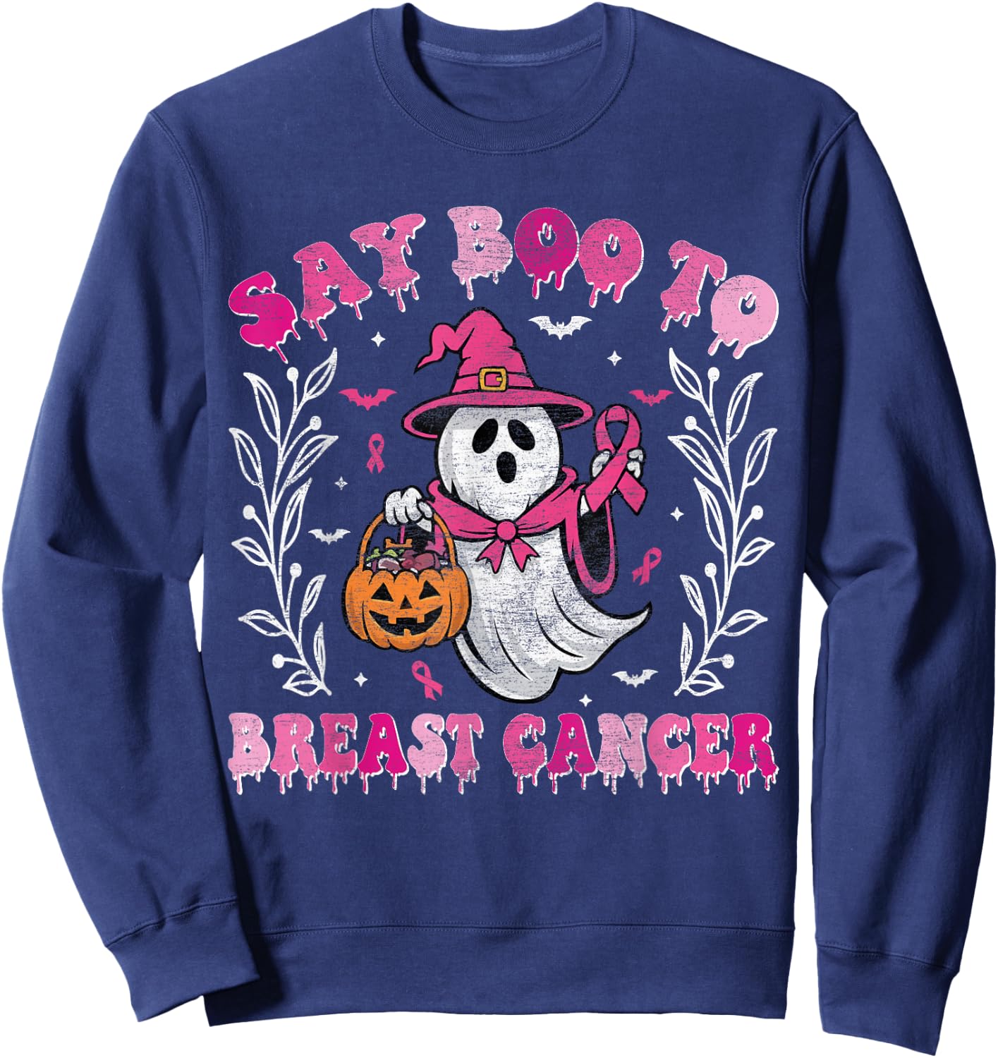 Say Boo to Breast Cancer Halloween Ghost Witch Breast Cancer Sweatshirt - Sweatshirt | Navy