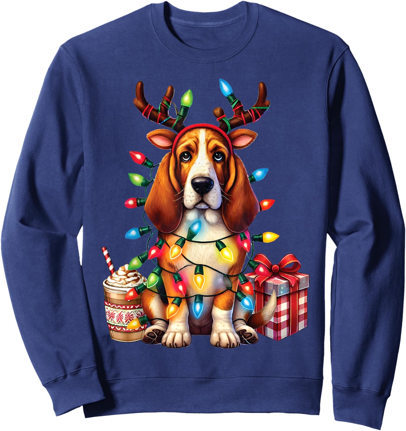 Pet Animal Basset Hound Dog Lover Reindeer Christmas Light Sweatshirt - Sweatshirt | Navy