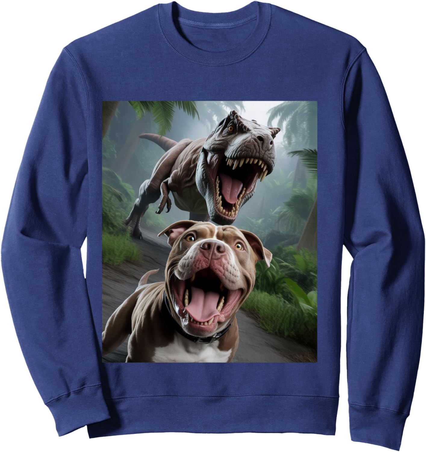 Funny Pitbull Dog Selfie with T-Rex Sweatshirt - Sweatshirt | Navy