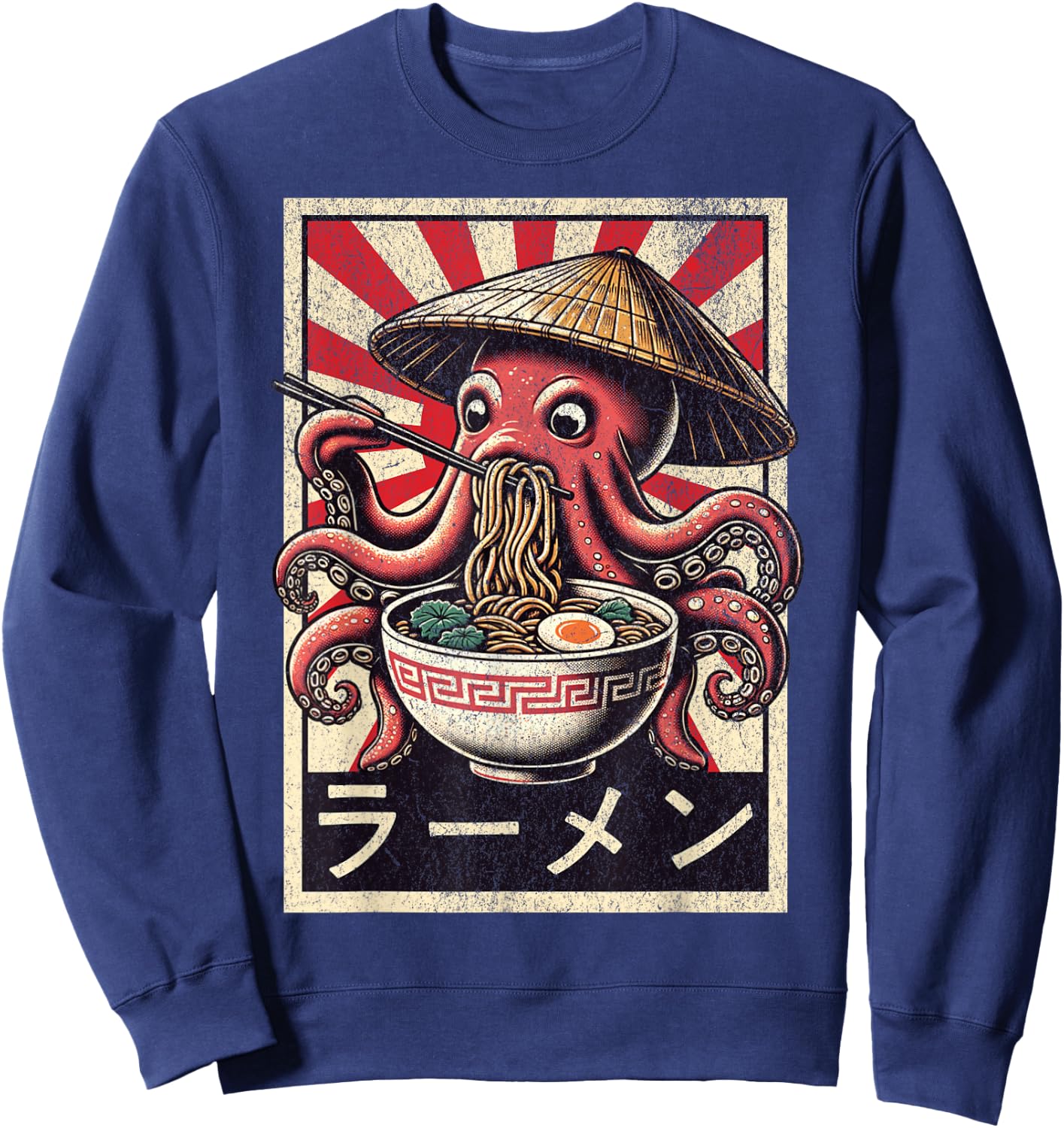 Vintage Octopus Eating Ramen - -Adults, -Kids - Black - Medium - Short Sleeve Sweatshirt - Sweatshirt | Navy