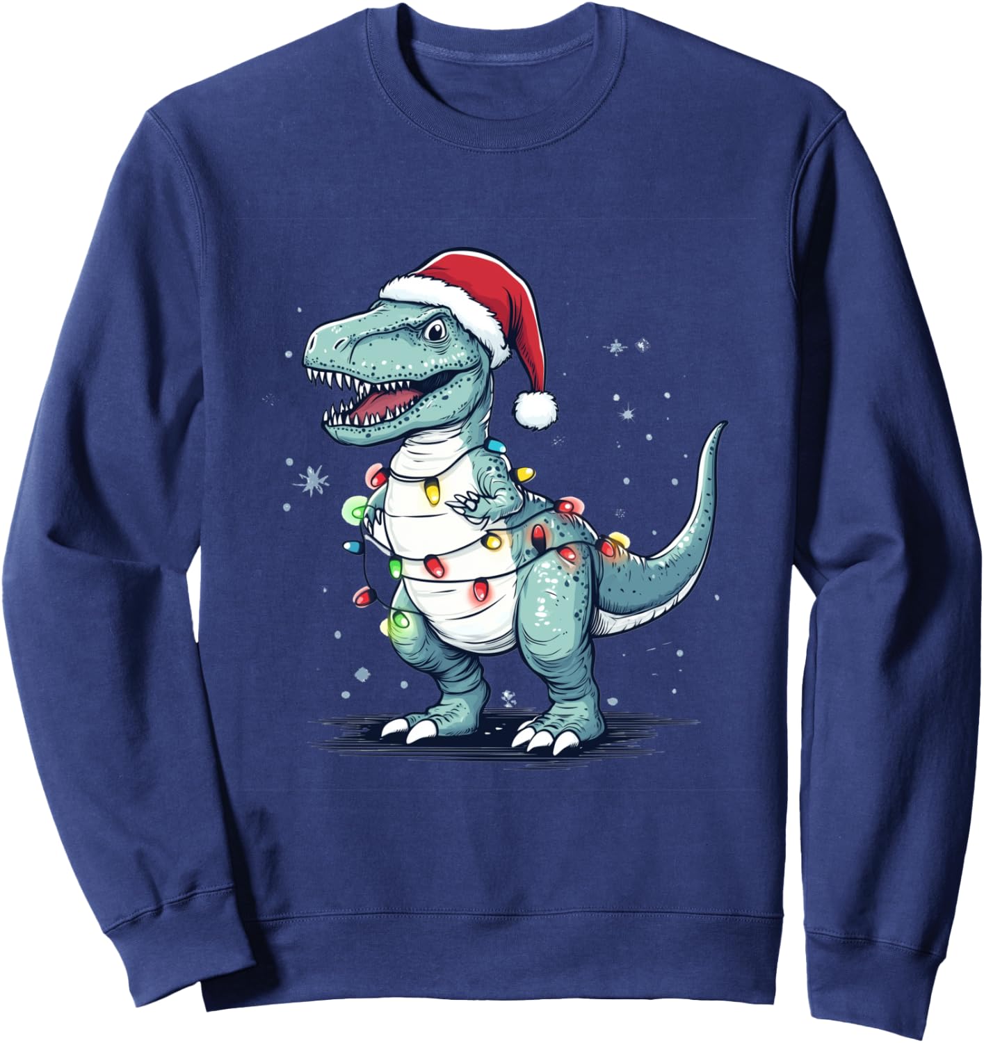 Santa Hat Trex Dinosaur Christmas Lights T-rex Moms Dads Sweatshirt - Sweatshirt | Navy
