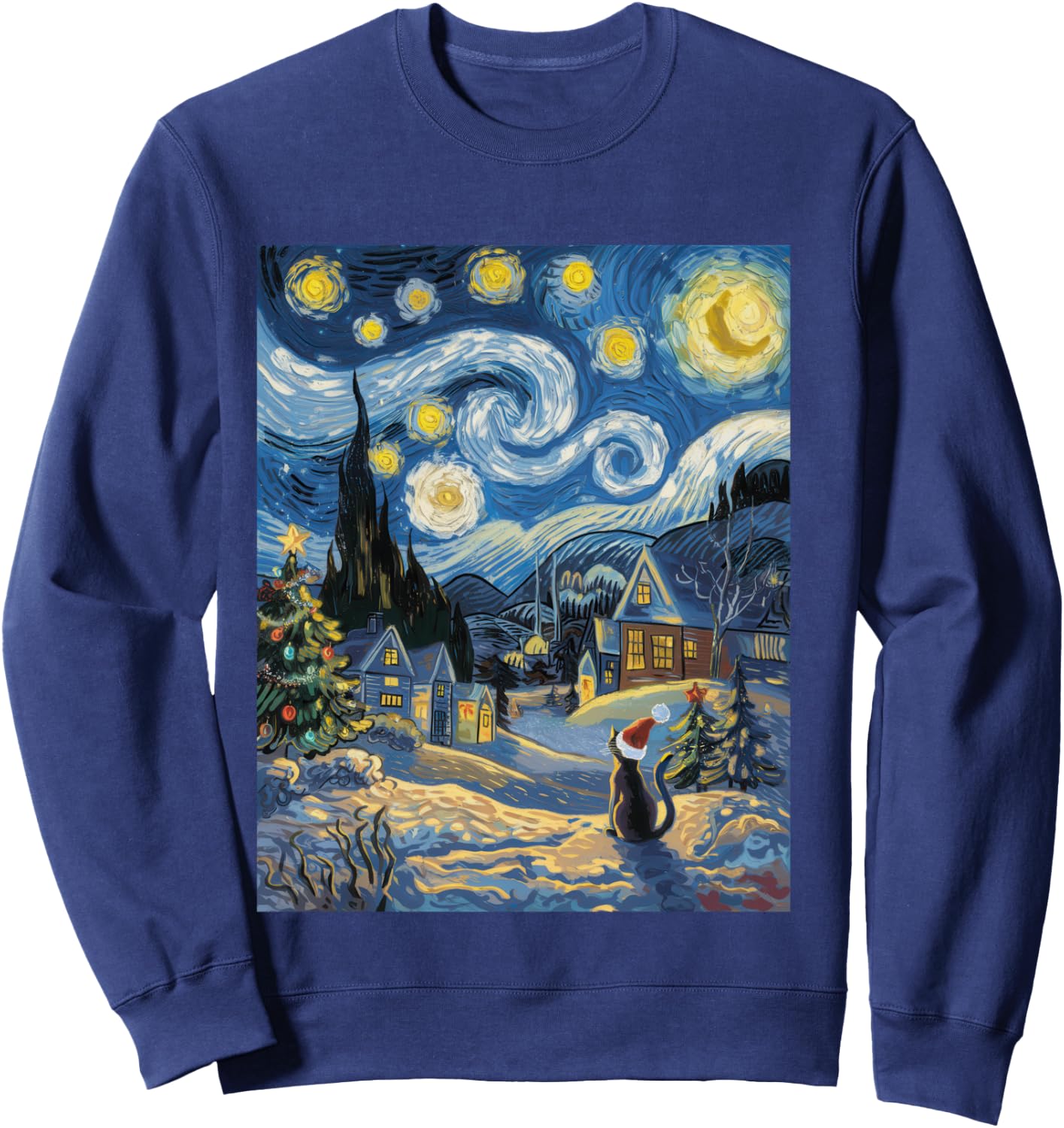 Starry Night Festive Christmas Cat Santa Winter Xmas Sweatshirt - Sweatshirt | Navy
