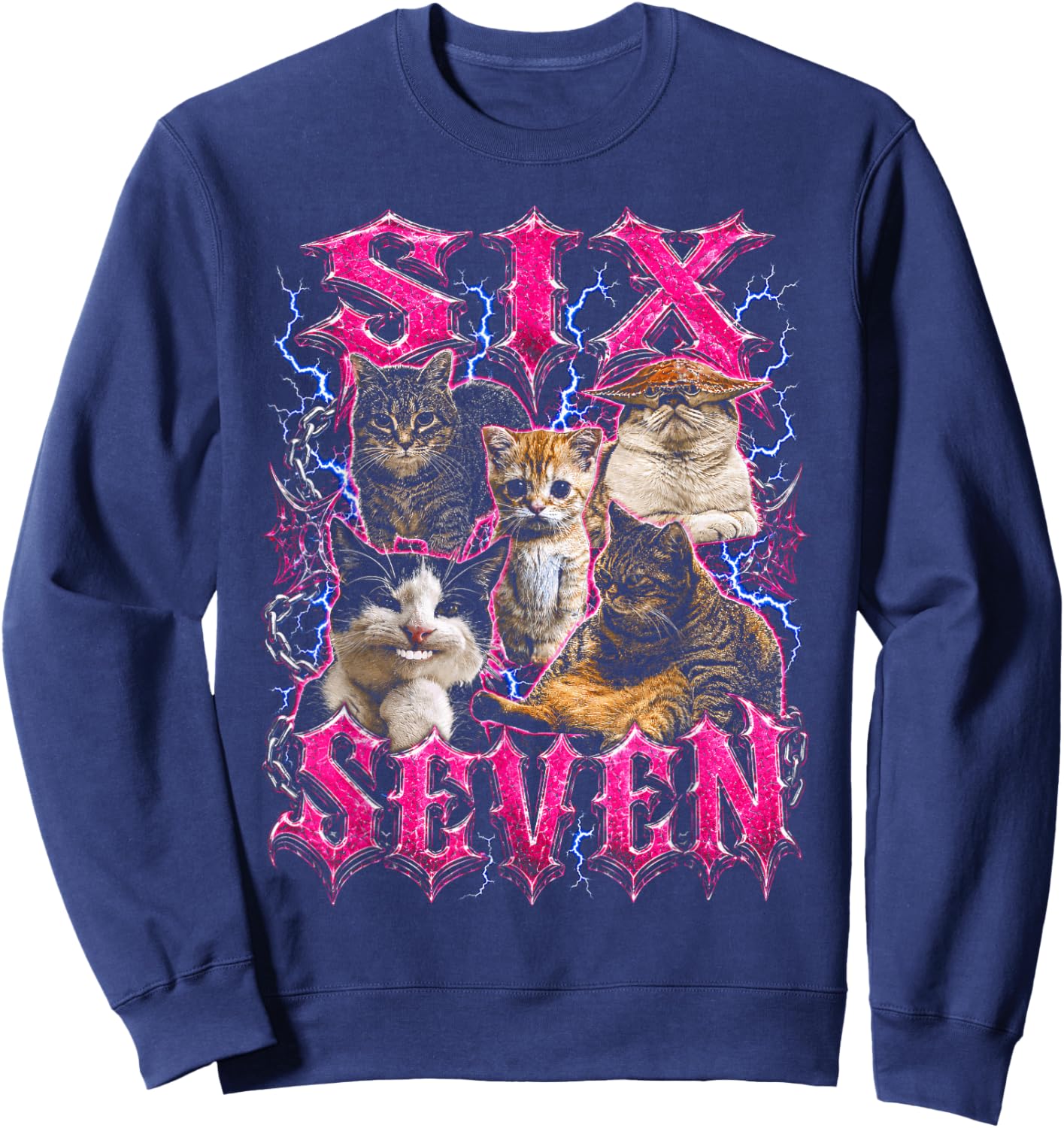 Six Seven 67 Funny Cat Meme Bootleg Sweatshirt - Sweatshirt | Navy