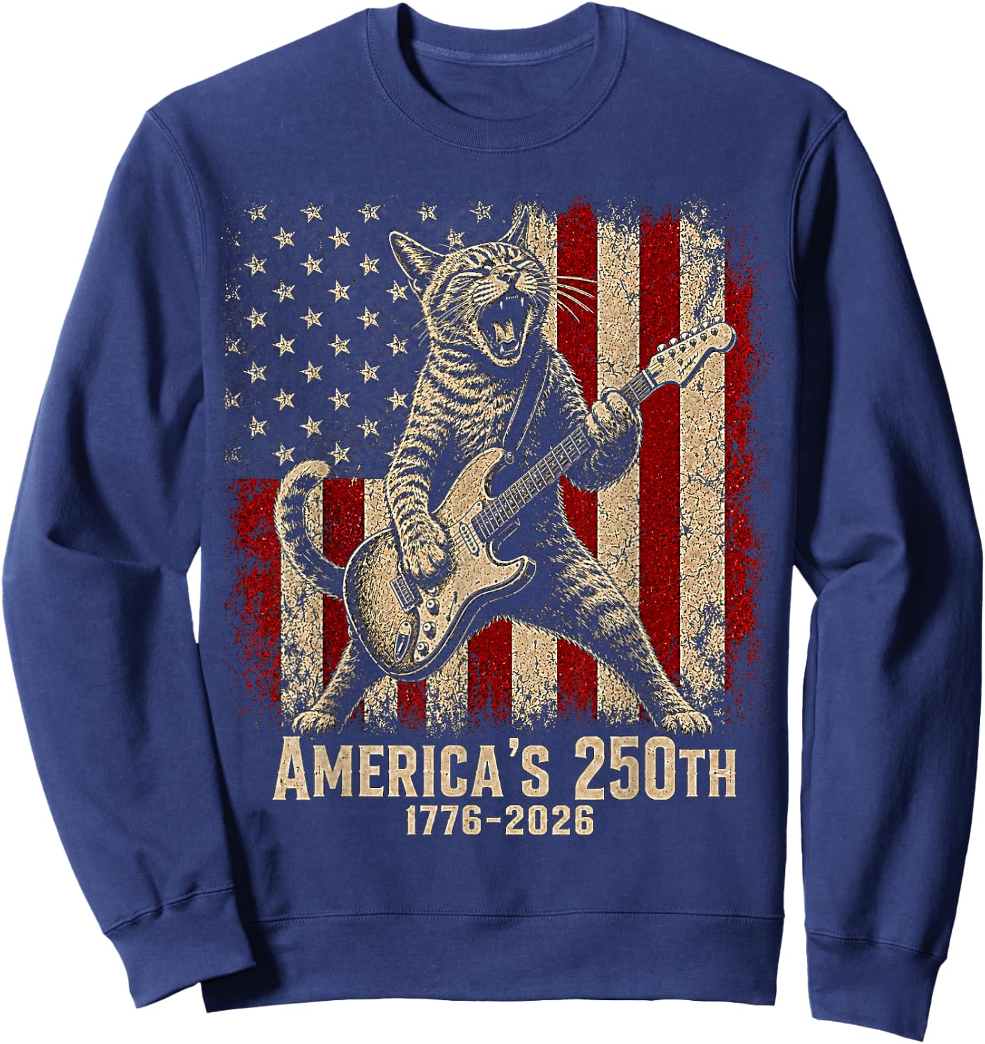Cat Playing Guitar 250 Years American USA Flag 4th of July Sweatshirt - Sweatshirt | Navy
