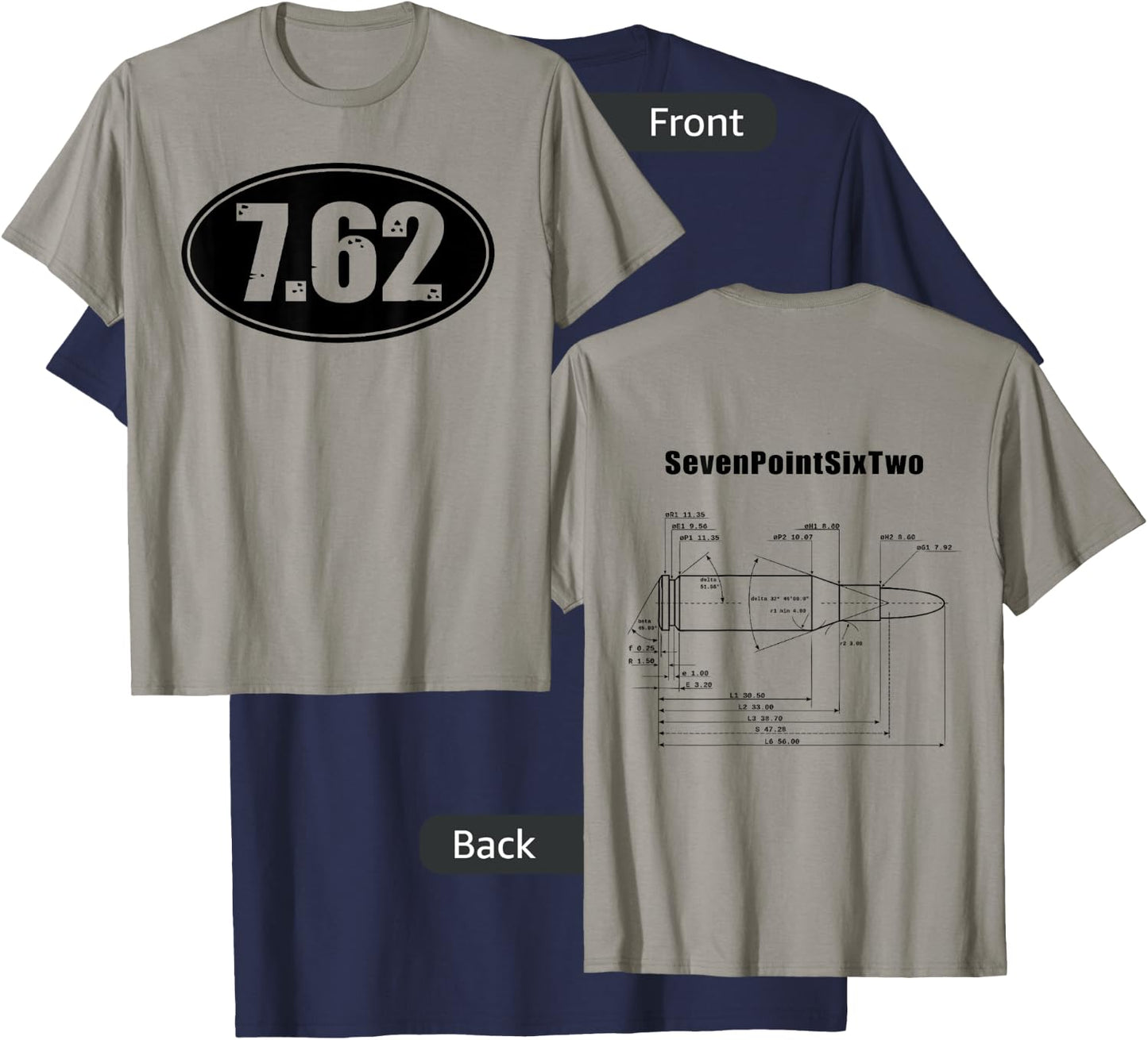 7.62 SKS AK47 Rifle Ammo Gun Bullet Size Dbl Sided Shirt T-Shirt - T-Shirt | Navy