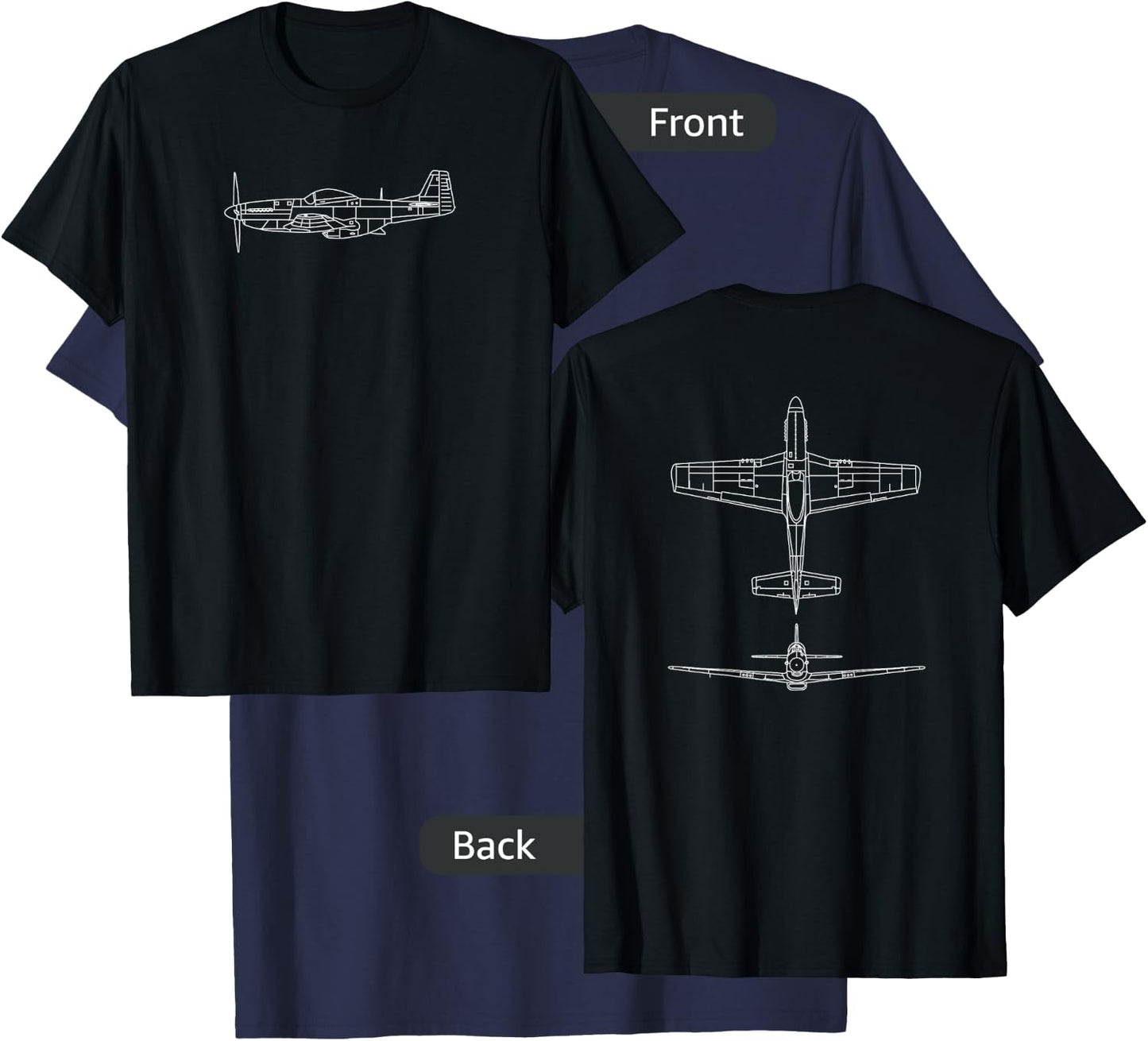 The P-51: WWII Fighter Airplane Pilot Front & Back T-Shirt - T-Shirt | Navy