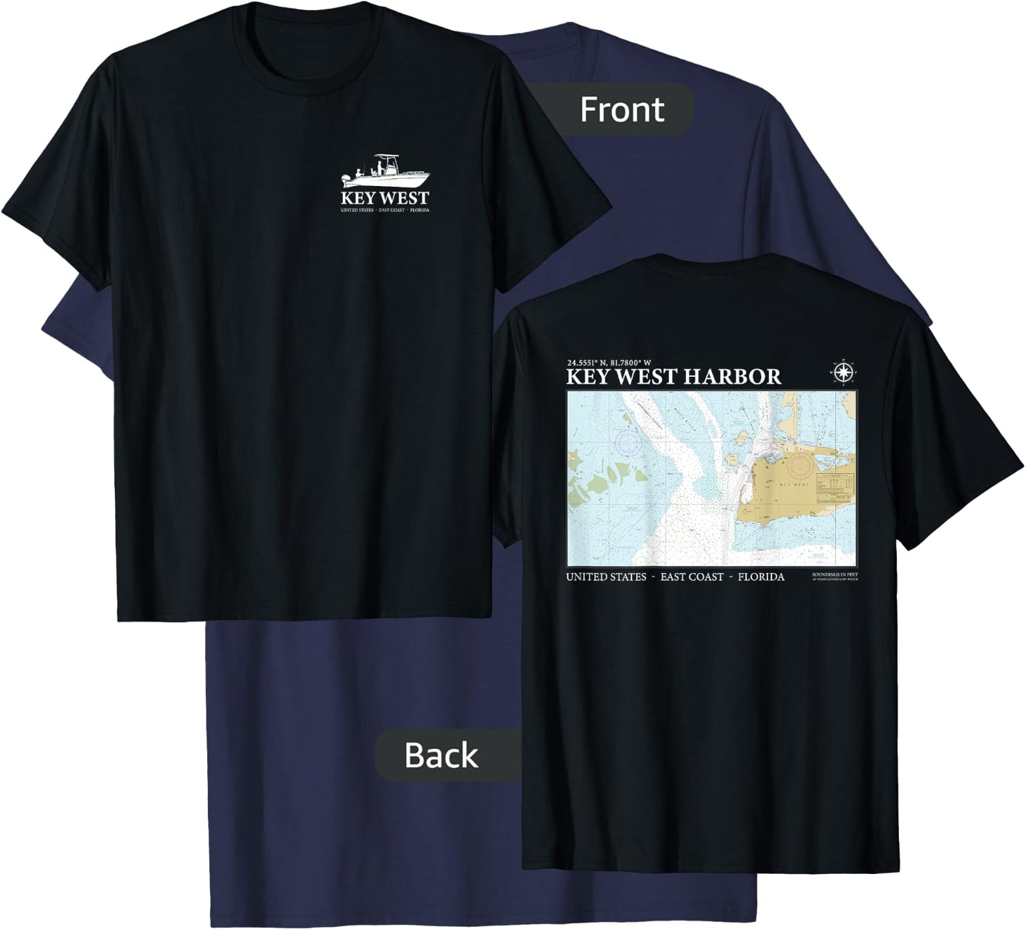 Key West Harbor Navigational Nautical Chart Florida Fishing T-Shirt - T-Shirt | Navy