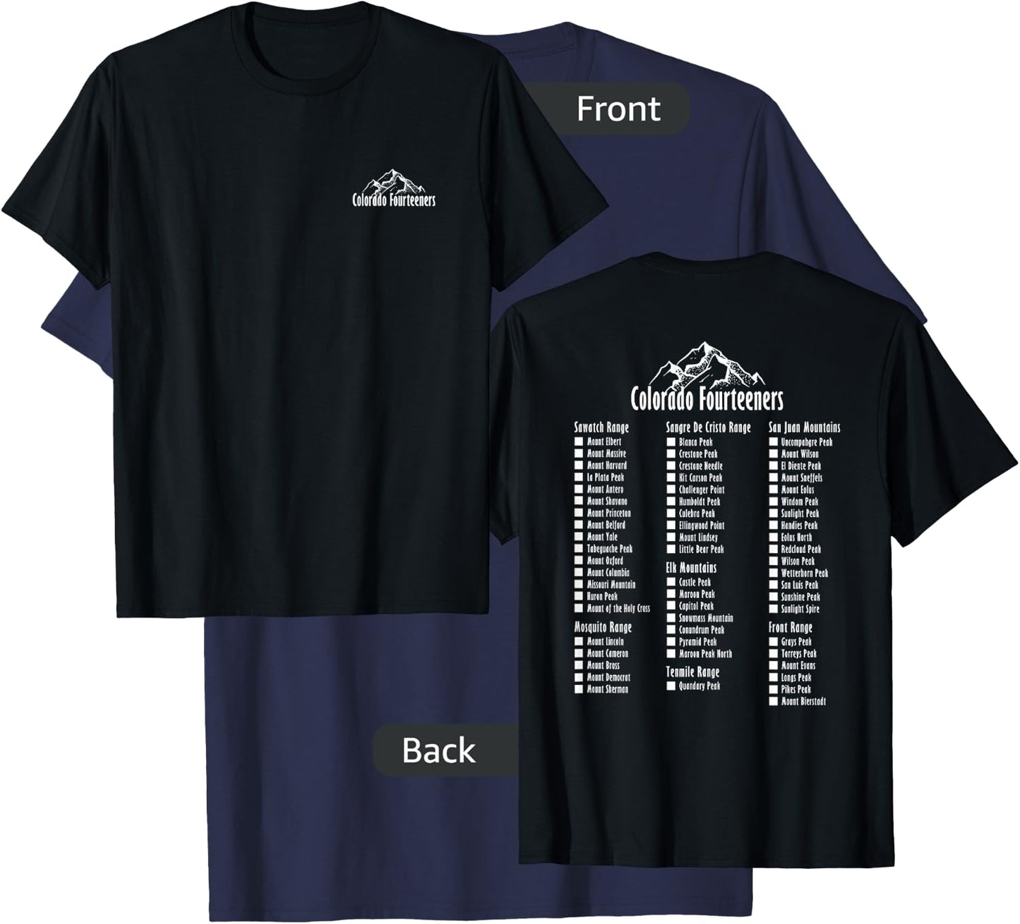 Colorado Fourteeners 2 Sided Checklist 14ers T-Shirt - T-Shirt | Navy