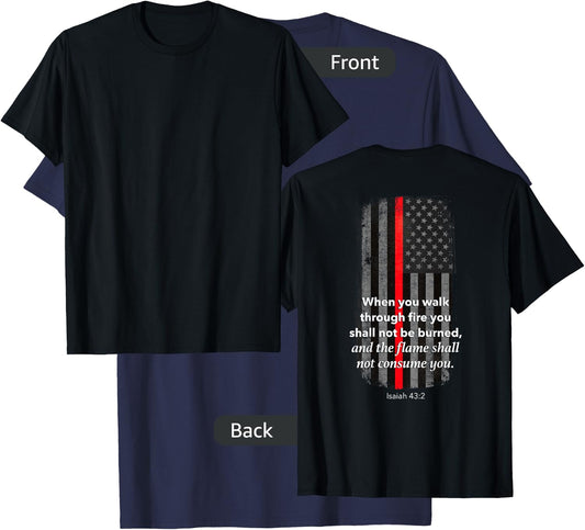 Thin Red Line Firefighter Bible Verse American Flag Women Kids Men T-Shirt - T-Shirt | Navy