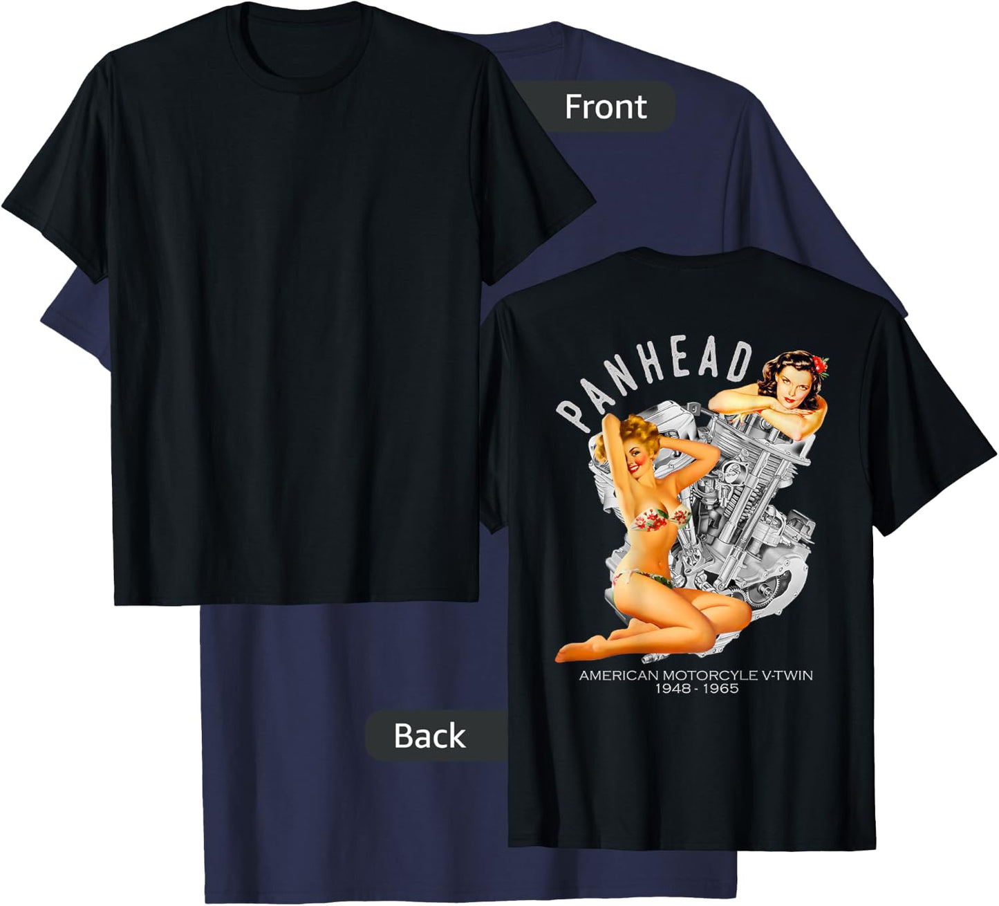 HD PanHead Retro Pinup V-Twin Engine Motorcycle 1948 Biker T-Shirt - T-Shirt | Navy