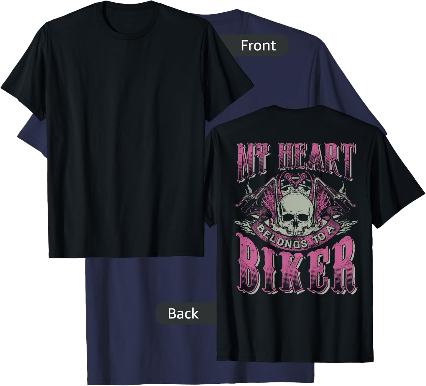 My Heart Belongs To A Biker Skull Motorcycle Babe Chick Wife T-Shirt - T-Shirt | Navy