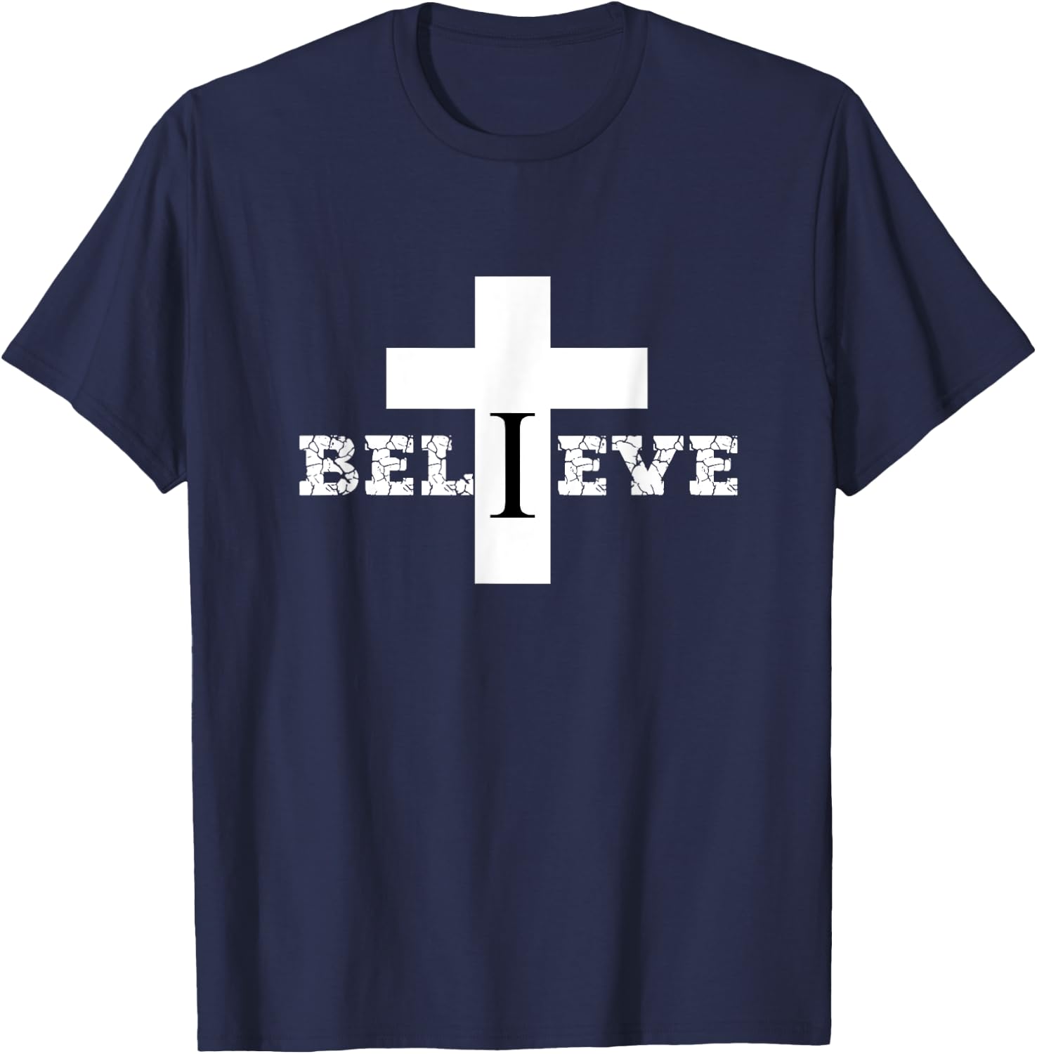 Christian Aesthetic Text and Cross Design Believe Religious T-Shirt - T-Shirt | Navy