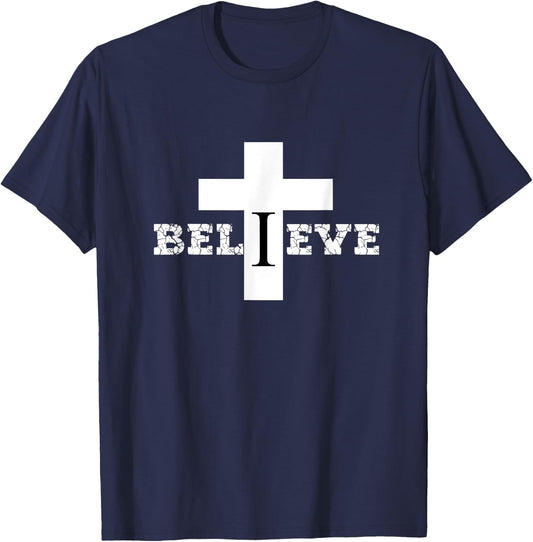 Christian Aesthetic Text and Cross Design Believe Religious T-Shirt - T-Shirt | Navy