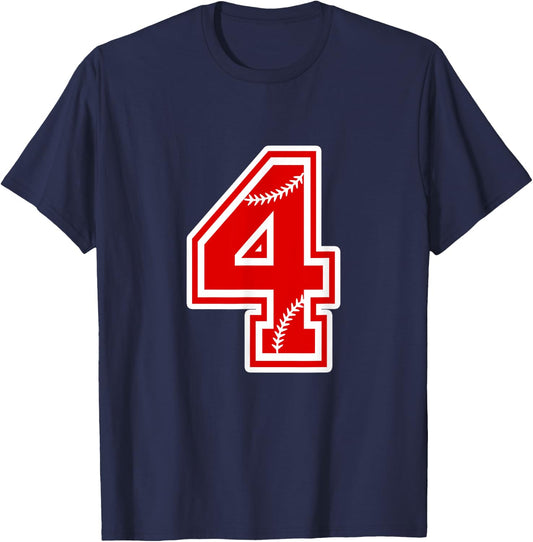 Number 4 Red Baseball Number 4th Birthday T Shirt T-Shirt - T-Shirt | Navy