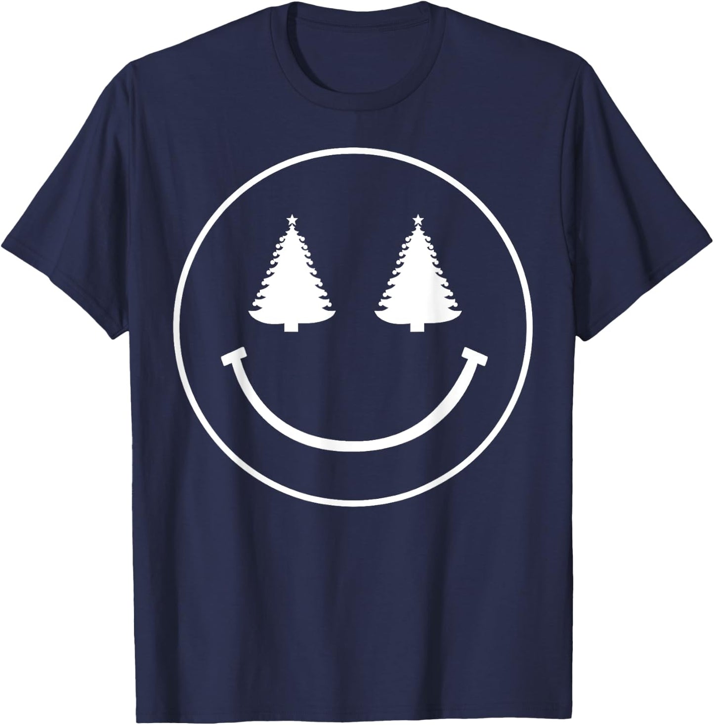 Christmas Tree Eyes Smiley Face T-Shirt - T-Shirt | Navy