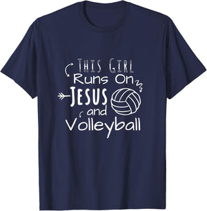 This Girl Runs On Jesus And Volleyball Christian T-Shirt - T-Shirt | Navy