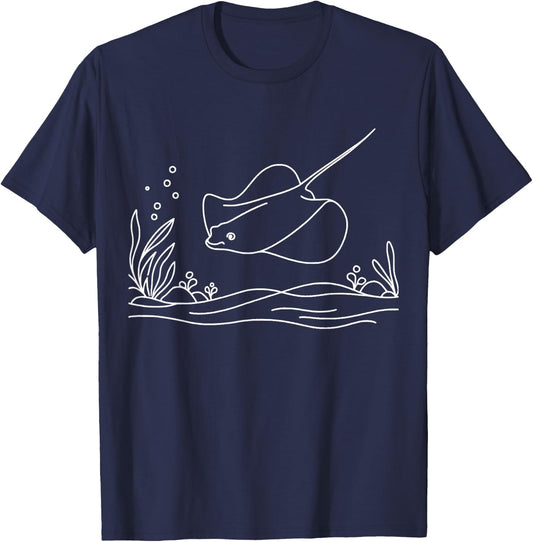 Line Art Fish & Ichthyologist Cownose Ray T-Shirt - T-Shirt | Navy