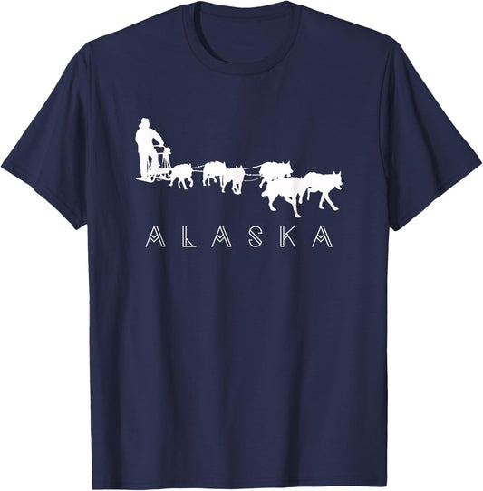 Alaska Sled Dogs Mushing - Sled Dog Team White Silhouette Men Women Girls Kids T-Shirt - T-Shirt | Navy