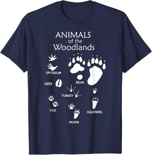 Woodland Cute Animal Paw Print Shirt, Bear Fox Skunk Turkey T-Shirt - T-Shirt | Navy