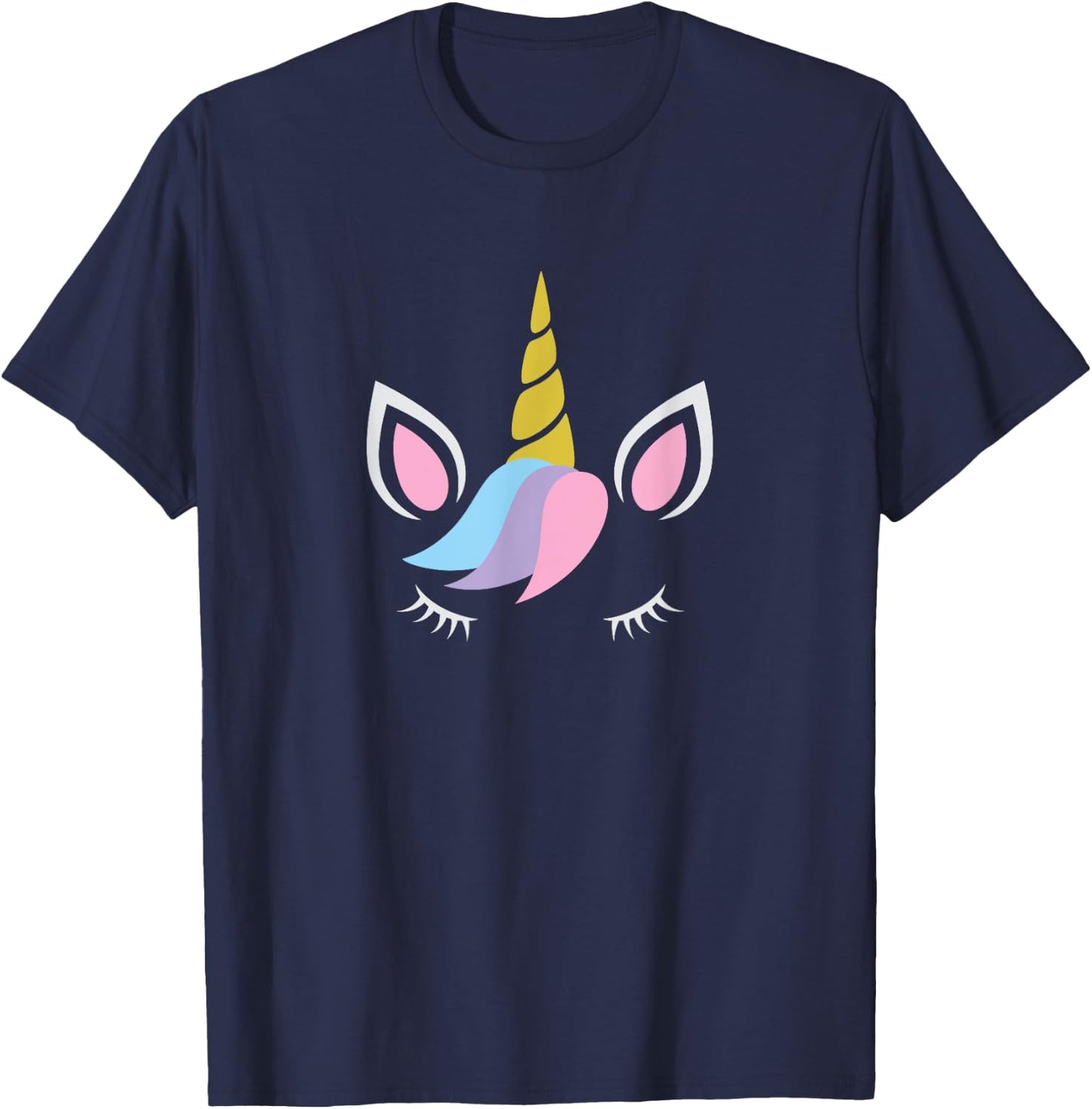 Unicorn Face And Eye Lashes With Colorful Pink Blue Hair T-Shirt - T-Shirt | Navy