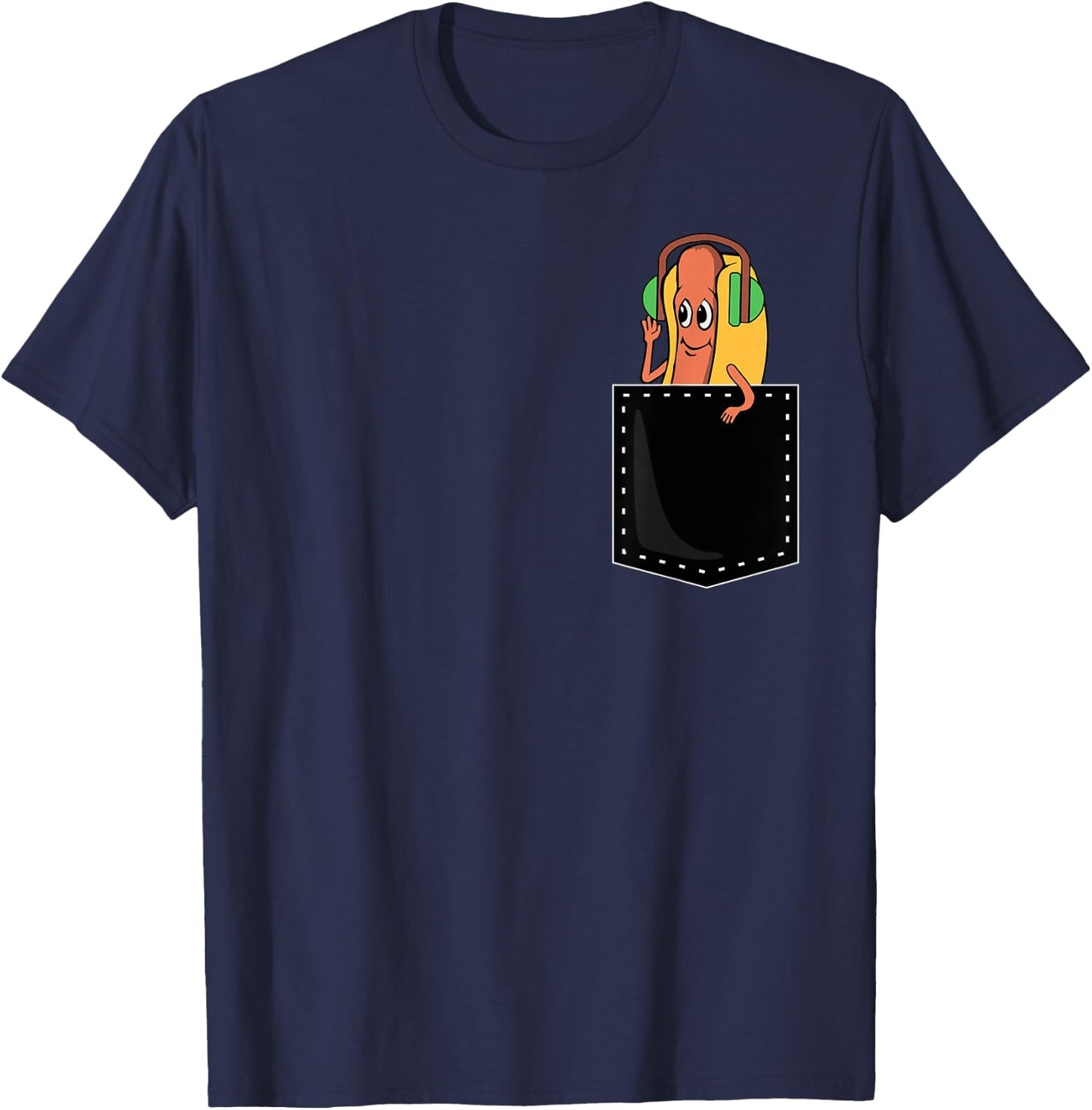 Hotdog In Pocket Wearing Headphone Funny Hot Dog Lover T-Shirt - T-Shirt | Navy
