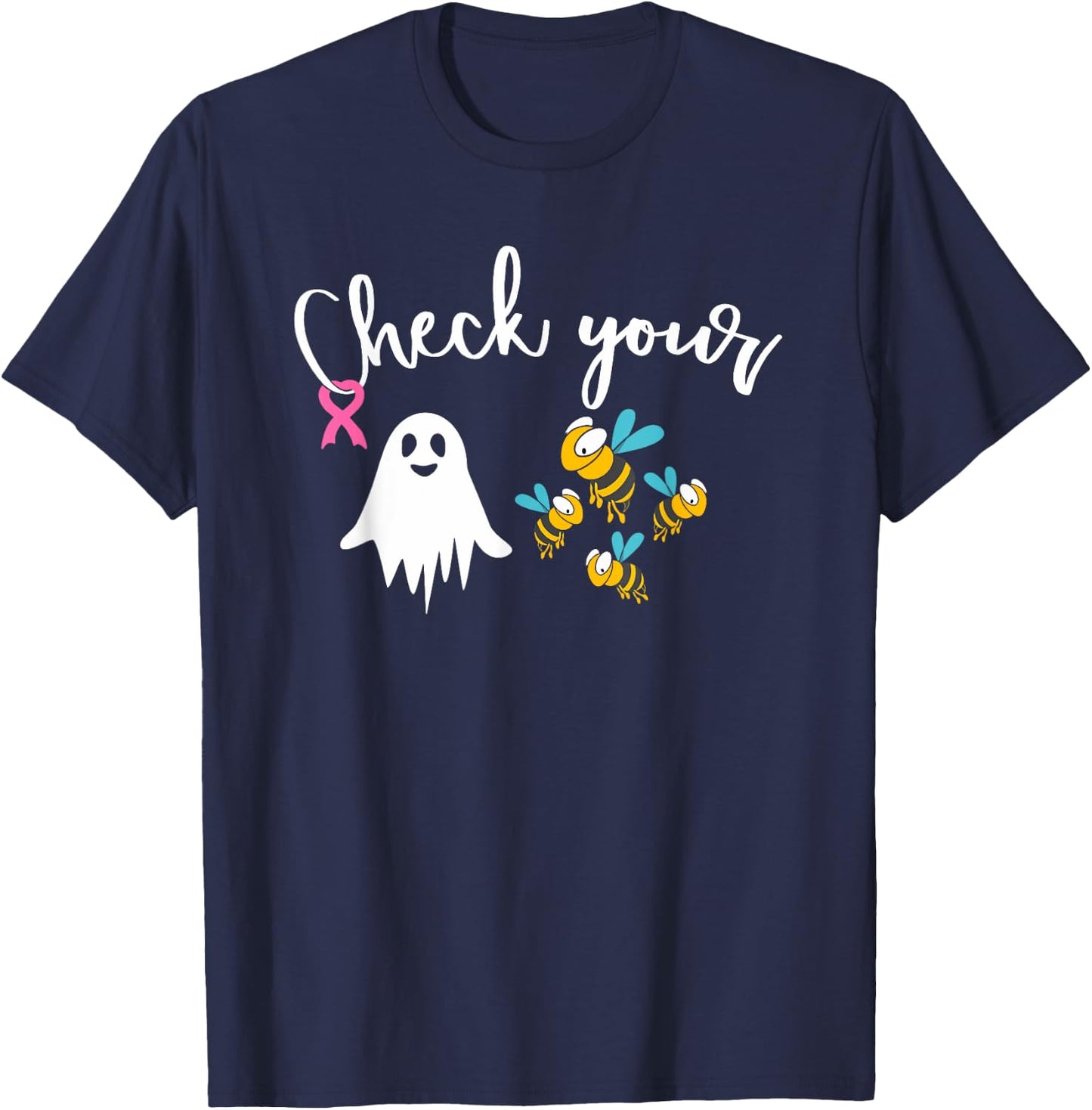 Check Your Boo Bees Breast Cancer Awareness Pink Ribbon T-Shirt - T-Shirt | Navy