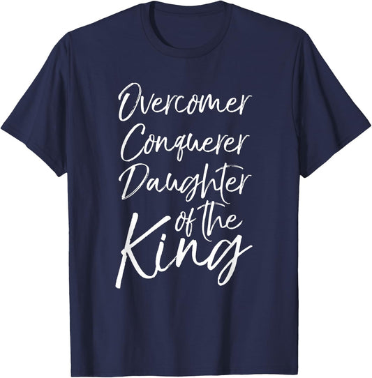 P37 Design Studio Jesus Shirts Cute Christian Women's Black Small Modern Crew Collar Short Sleeve Classic Fit Daughter of the King Overcomer Conquerer T-Shirt - T-Shirt | Navy