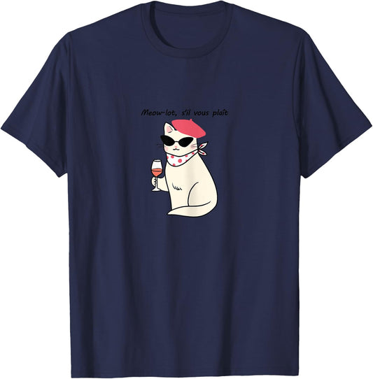 Stylish Cat Asking for Wine in French, Funny Cat & Wine Pun T-Shirt - T-Shirt | Navy