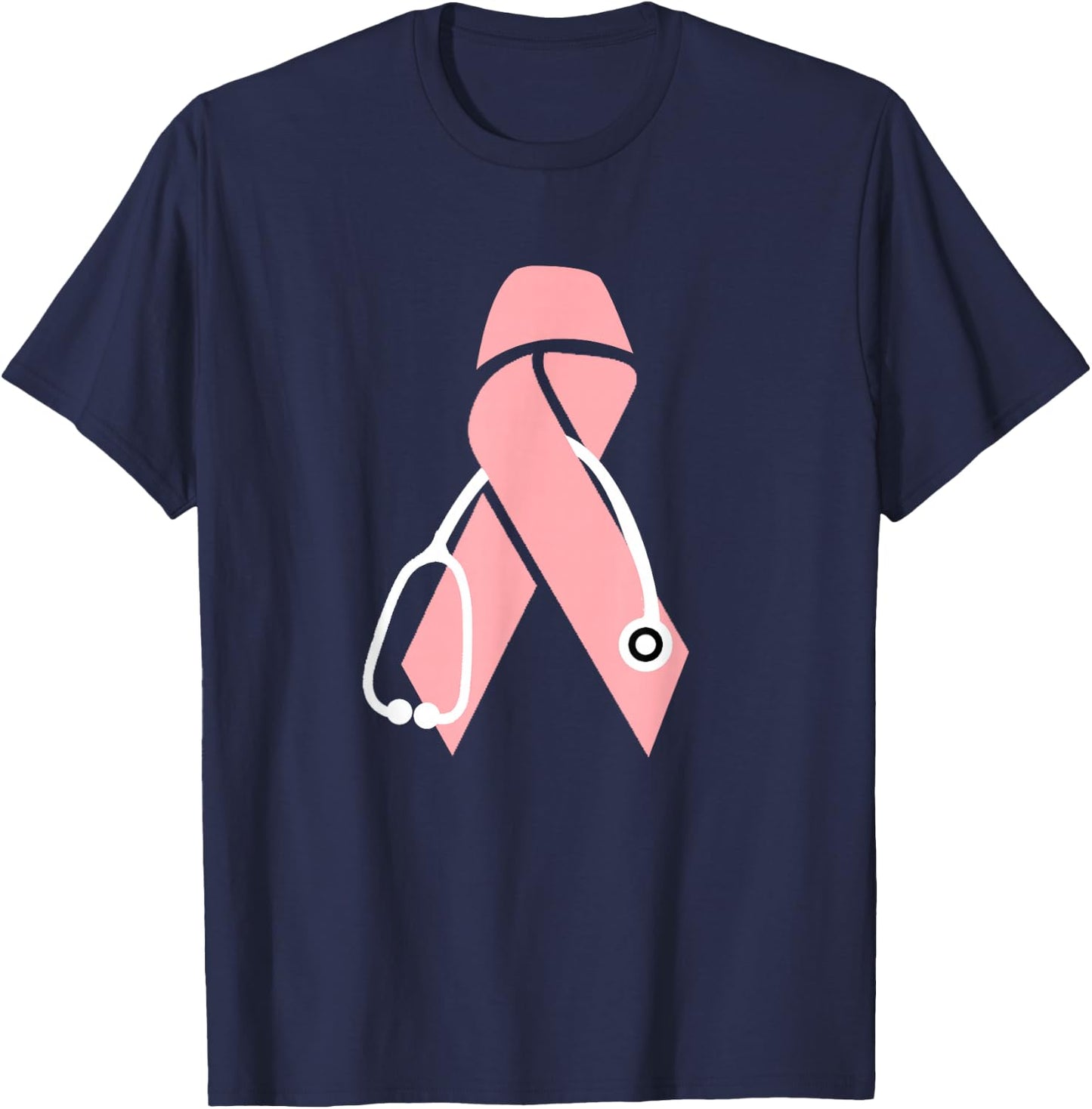 Breast Cancer Awareness Scrub Top Stethoscope Pink Ribbon T-Shirt - T-Shirt | Navy