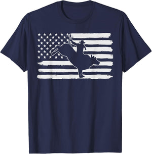 Rodeo Cowboy Bull Riding USA Flag 4th Of July US America T-Shirt - T-Shirt | Navy