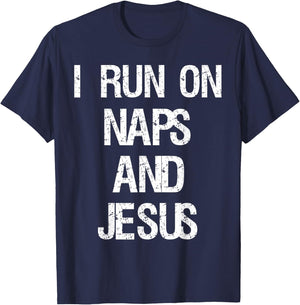 Funny Run On Nap & Jesus Christ Sayings Christian T-Shirt - T-Shirt | Navy