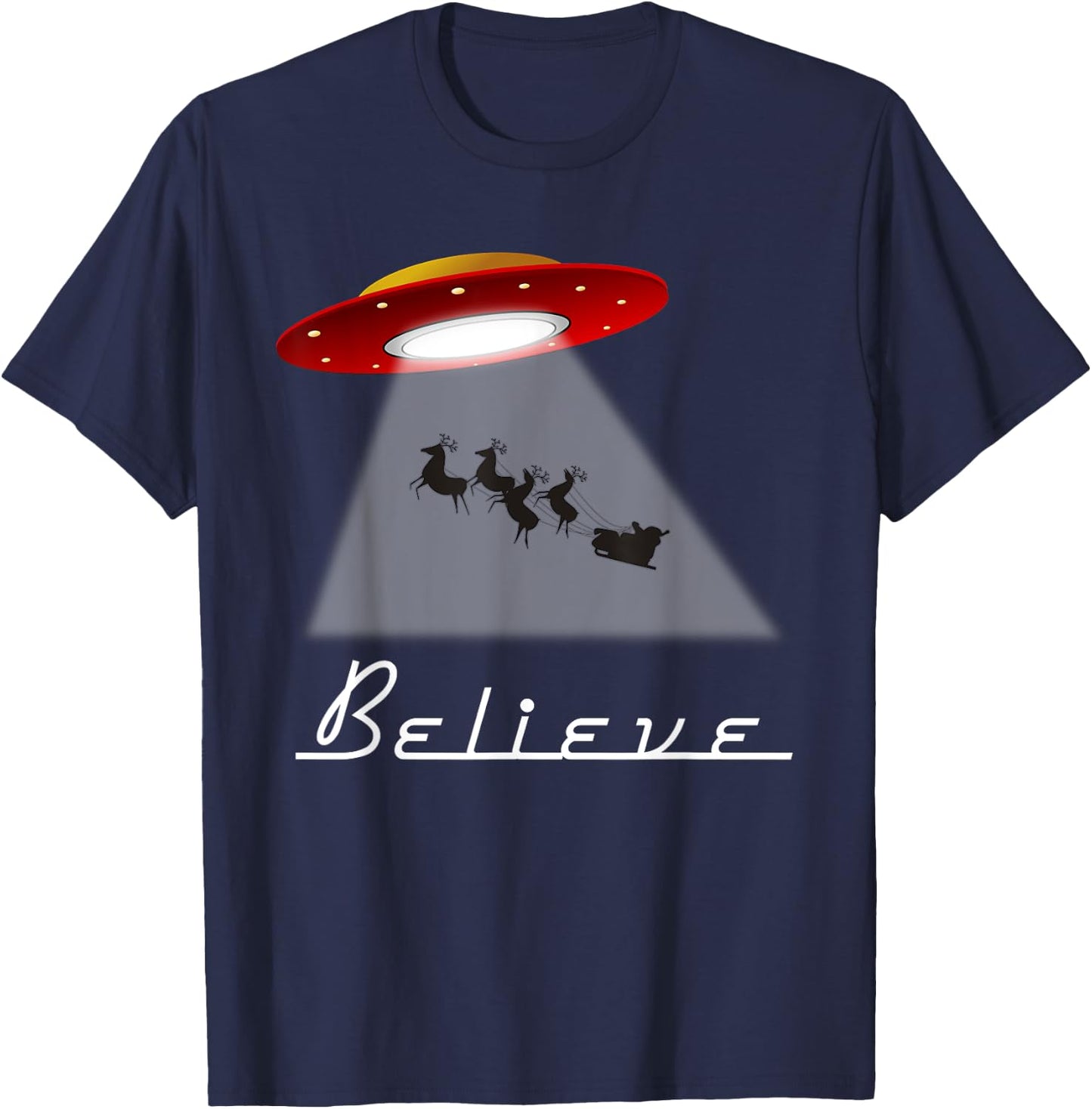Funny Alien Christmas Shirt Believe UFO Santa Abduction Gift T-Shirt - T-Shirt | Navy