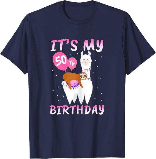 50 Years Old 50th Birthday Llama Sloth Gift T-Shirt - T-Shirt | Navy