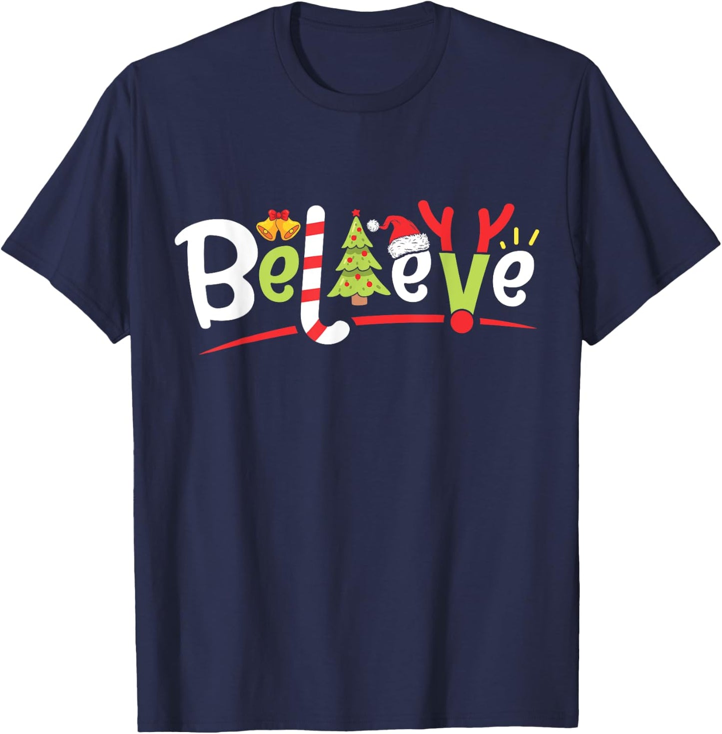 Christmas Believe Boys Girls Santa Hat Xmas Tree Antlers T-Shirt - T-Shirt | Navy