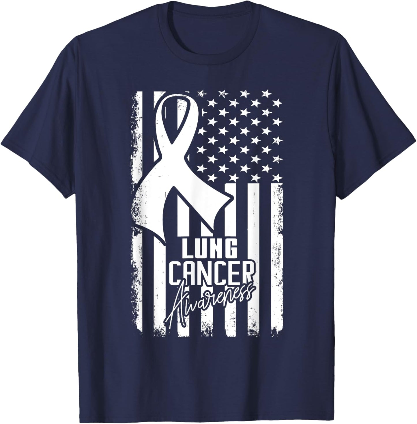 Lung Cancer Awareness American Flag White Ribbon Women Kids Men T-Shirt - T-Shirt | Navy