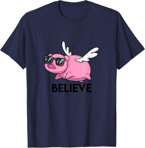 Believe Flying Pig with Sunglasses Funny Animal Puns Gift T-Shirt - T-Shirt | Navy