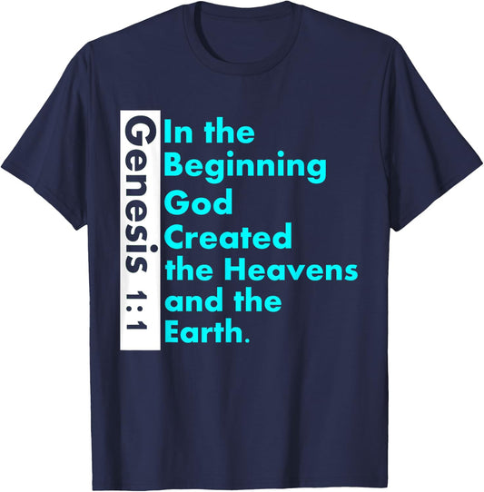 Genesis 1:1 Bible verse In the Beginning God Created T-Shirt - T-Shirt | Navy