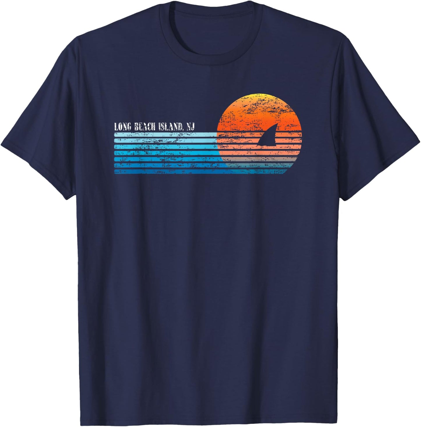 Vintage Long Beach Island, NJ Retro 80s Shark Fin Sunset Women T-Shirt - T-Shirt | Navy