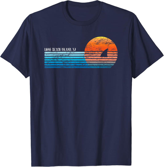 Vintage Long Beach Island, NJ Retro 80s Shark Fin Sunset Women T-Shirt - T-Shirt | Navy