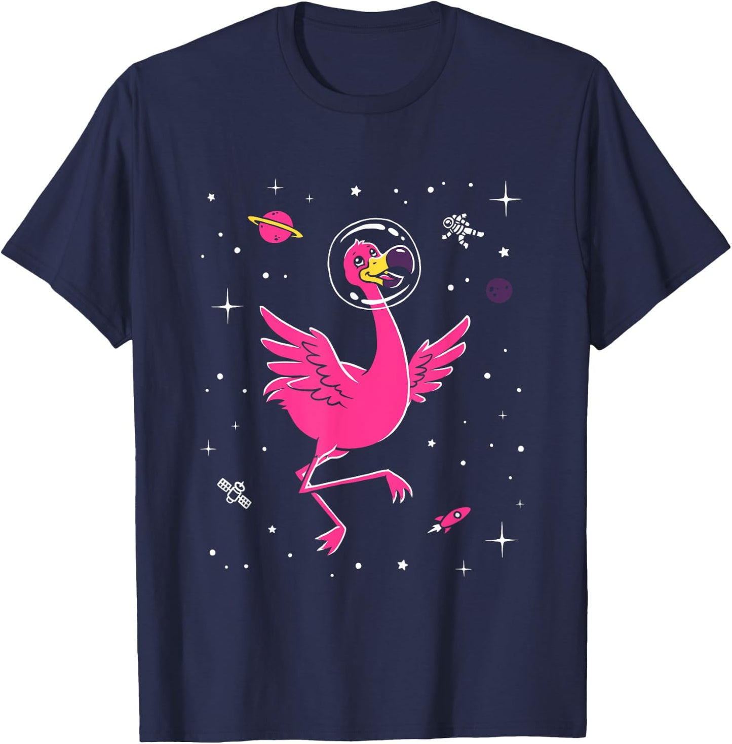 Flamingo In Space - Cute Cartoon Bird T-Shirt - T-Shirt | Navy