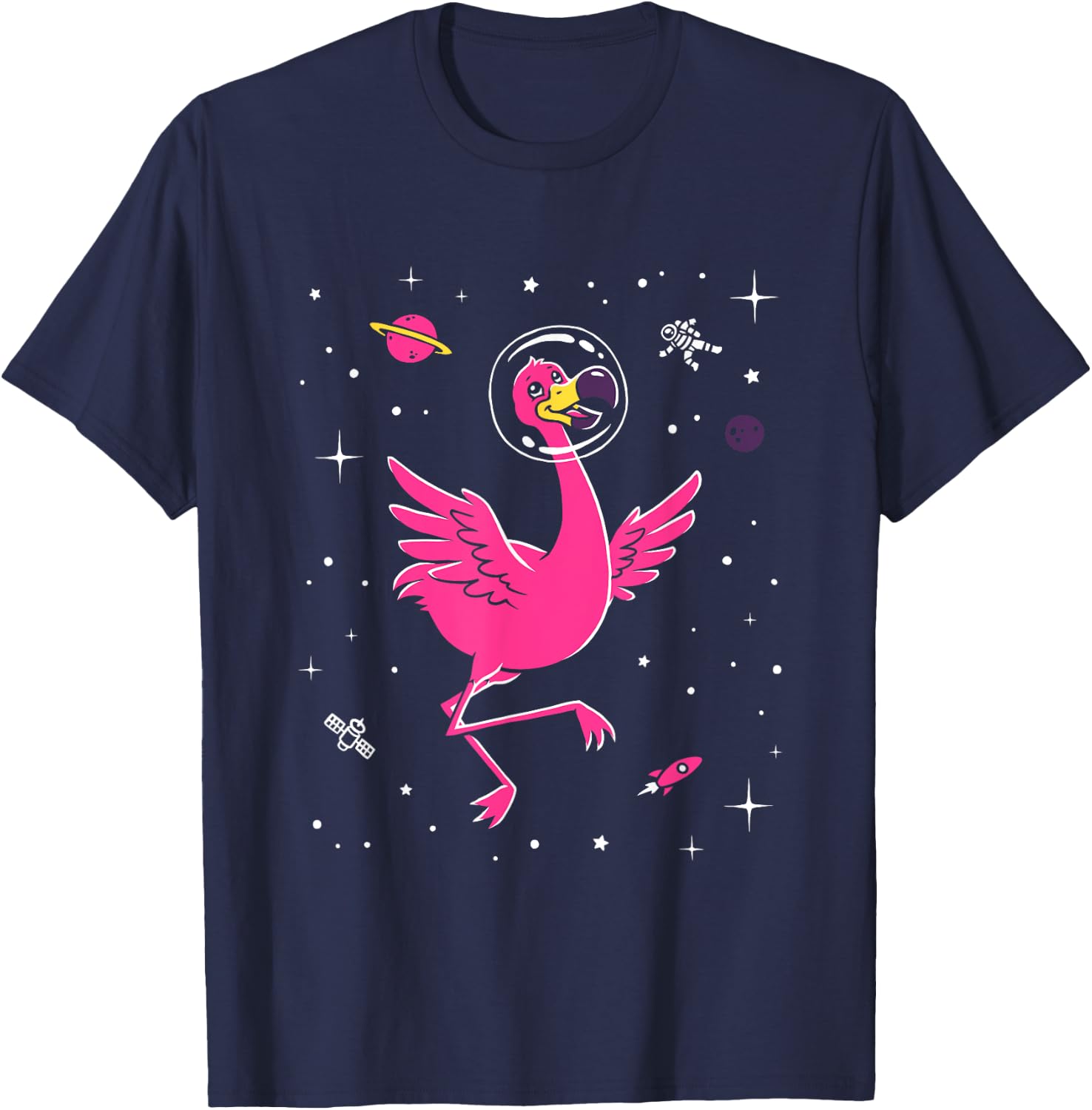 Flamingo In Space - Cute Cartoon Bird T-Shirt - T-Shirt | Navy
