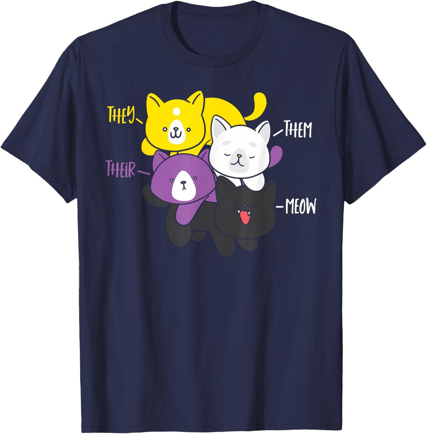They Their Them Meow Nonbinary Cat Enby Flag Non Binary T-Shirt - T-Shirt | Navy