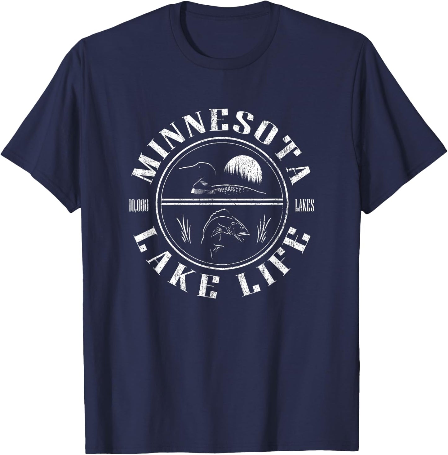 Minnesota Lake Life with Loon, Walleye, and Sunset T-Shirt - T-Shirt | Navy
