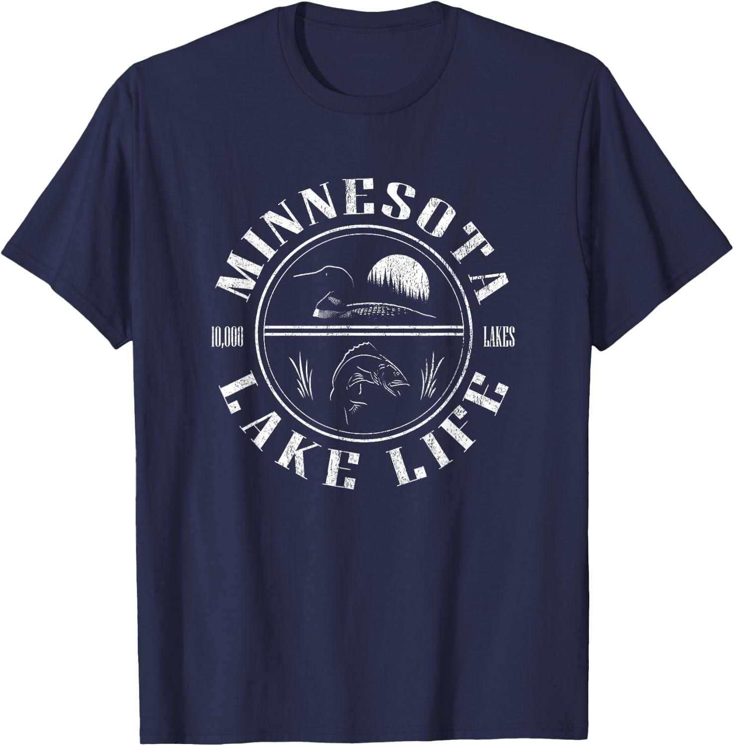 Minnesota Lake Life with Loon, Walleye, and Sunset T-Shirt - T-Shirt | Navy
