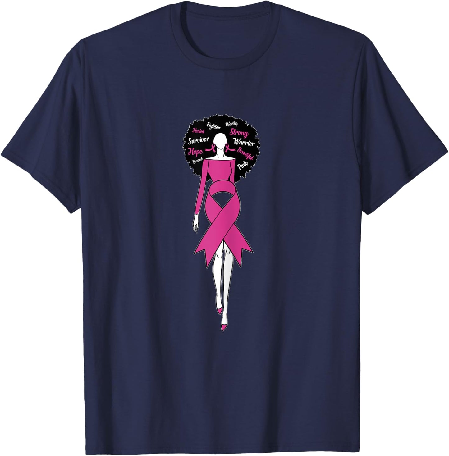 Afro Black Woman Pink Ribbon Dress Breast Cancer Awareness T-Shirt - T-Shirt | Navy